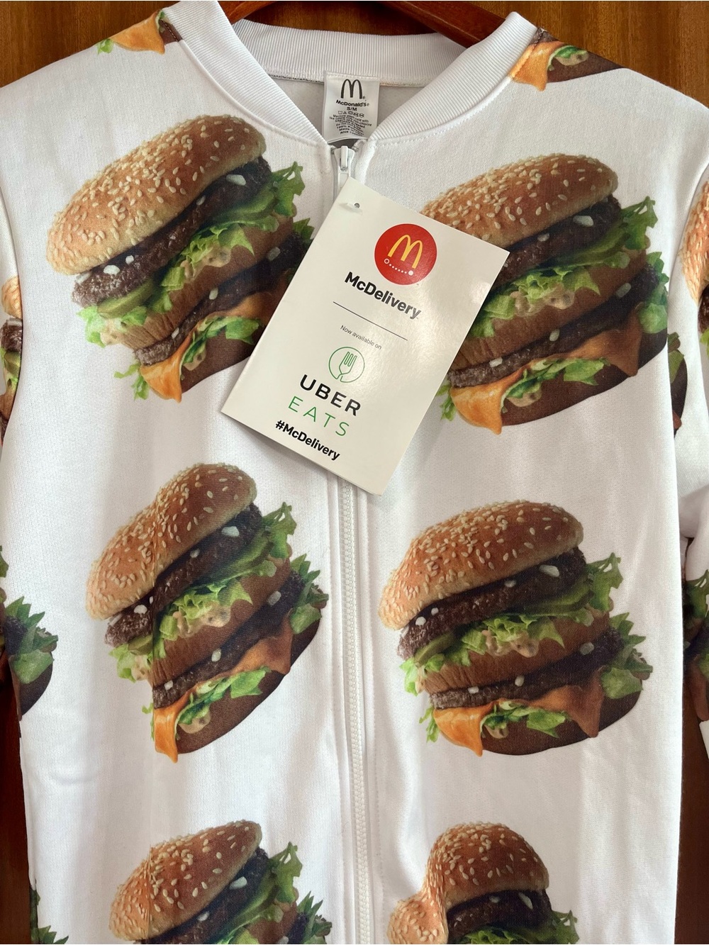 McDonald's White Burger Print Zip Jacket with Green & Brown Accents